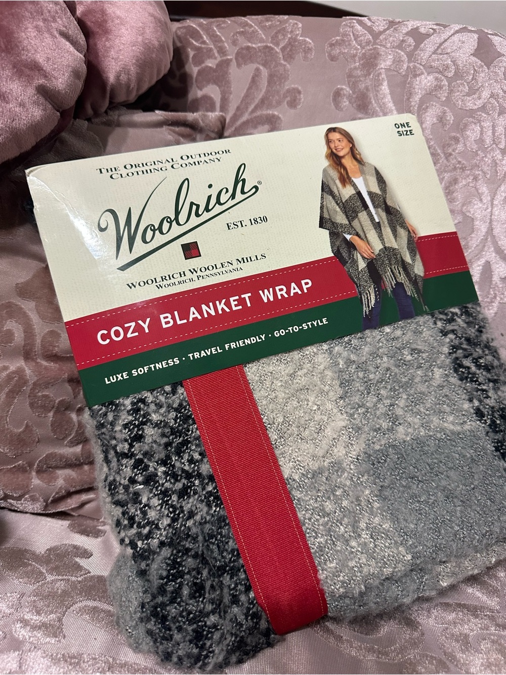 Woolrich Cozy Blanket Wrap in Gray and Black with Red Accent